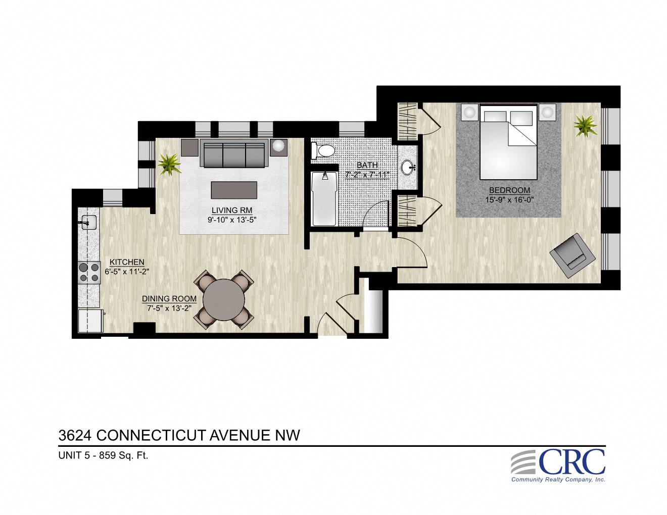 Floor plan for 1 bed, 1 bath, 859 sqft